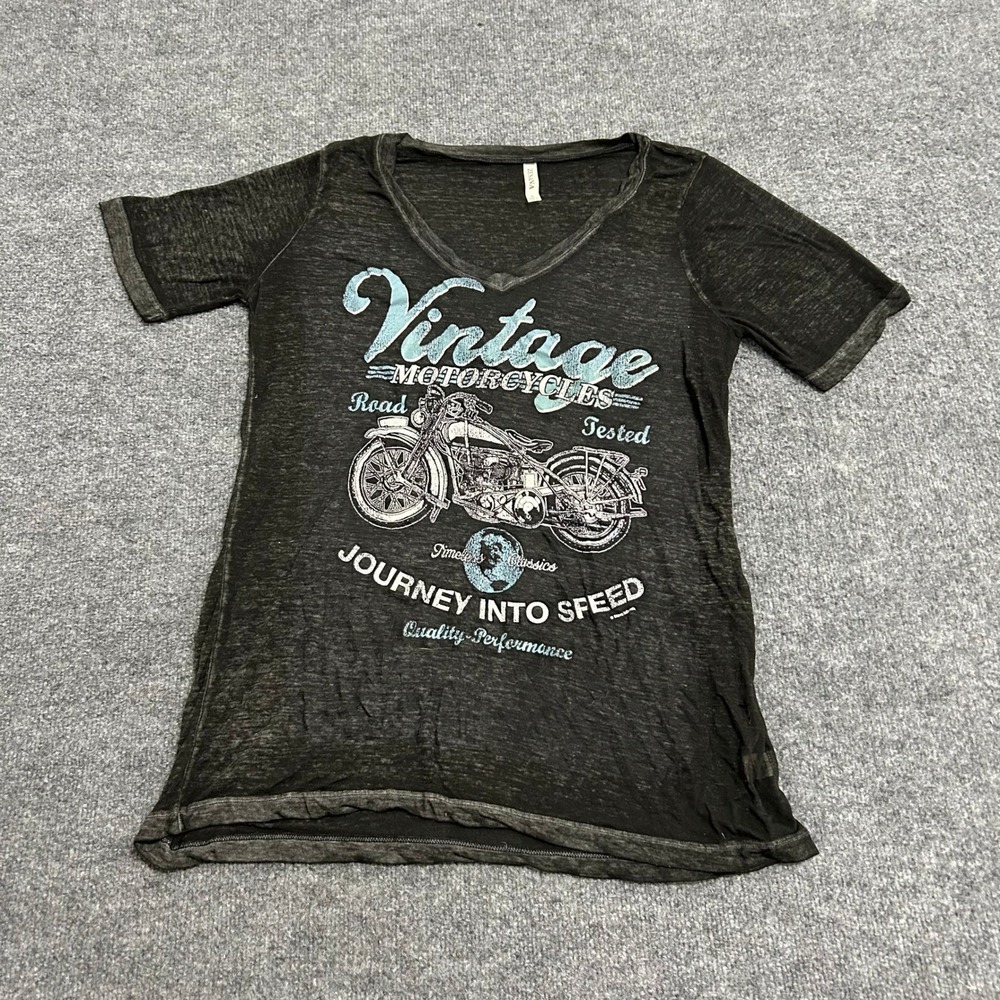 Zenana T-Shirt Womens Size L Black Vintage Motorcycle Graphic Burnout V-Neck